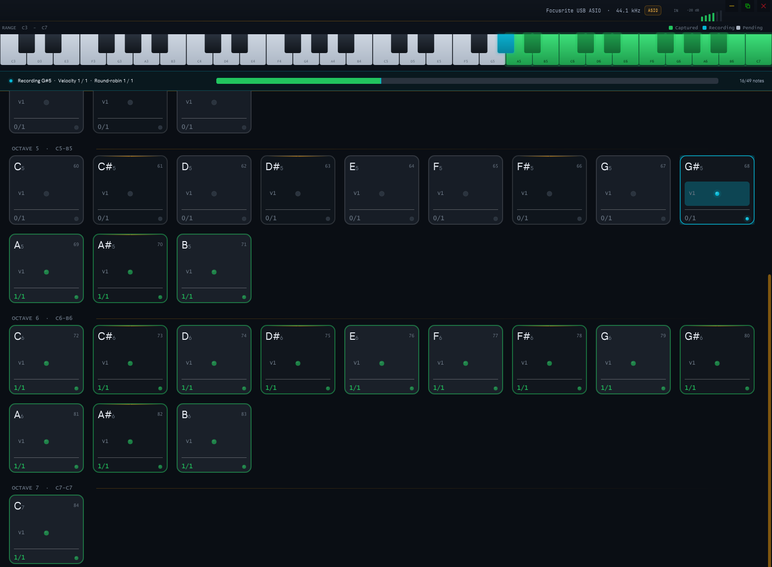 Sampling Assistant recording a session: completed notes marked green on the keyboard and note grid, with a progress bar showing 16 of 49 notes captured